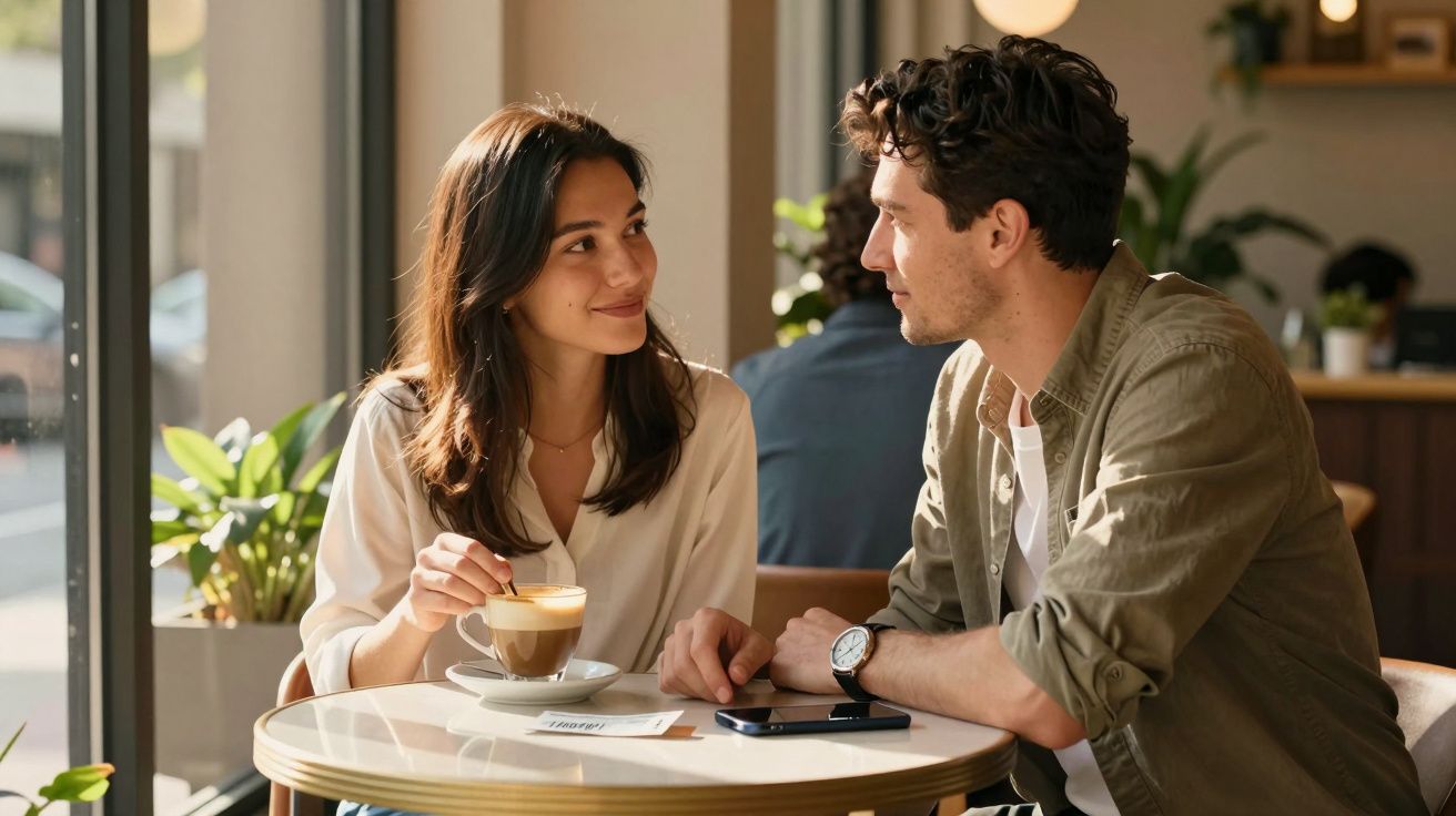 Casal jovem sentado à mesa de café, mulher sorri para homem enquanto segura chávena de café.