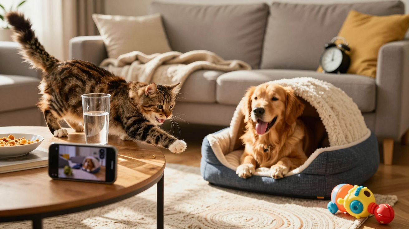 Gato estica a pata para um telemóvel numa mesa enquanto cão dourado sorri numa cama de cães na sala.