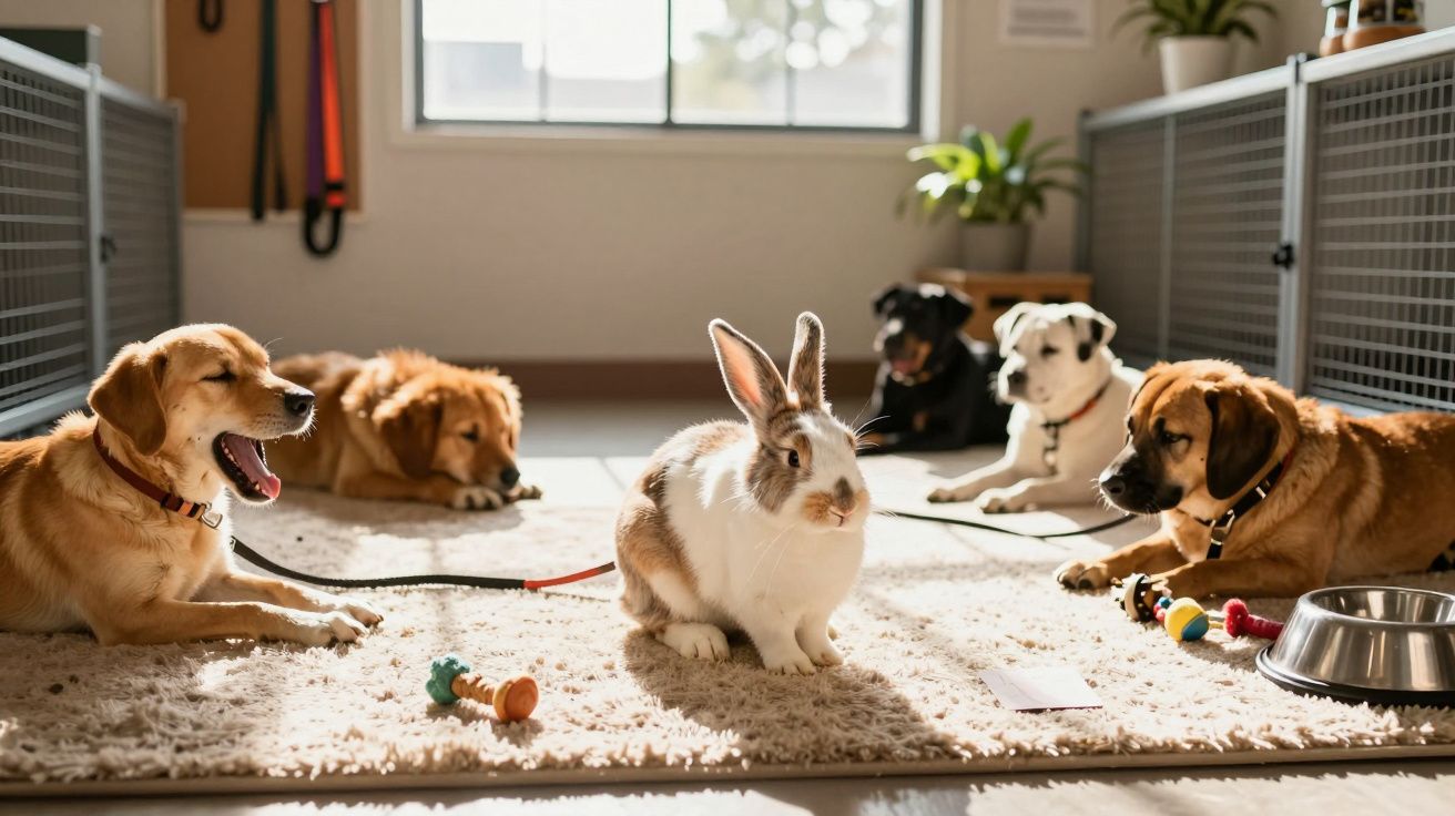 Coelho branco e castanho rodeado por cinco cães de diferentes raças numa sala iluminada com brinquedos e comedouro.