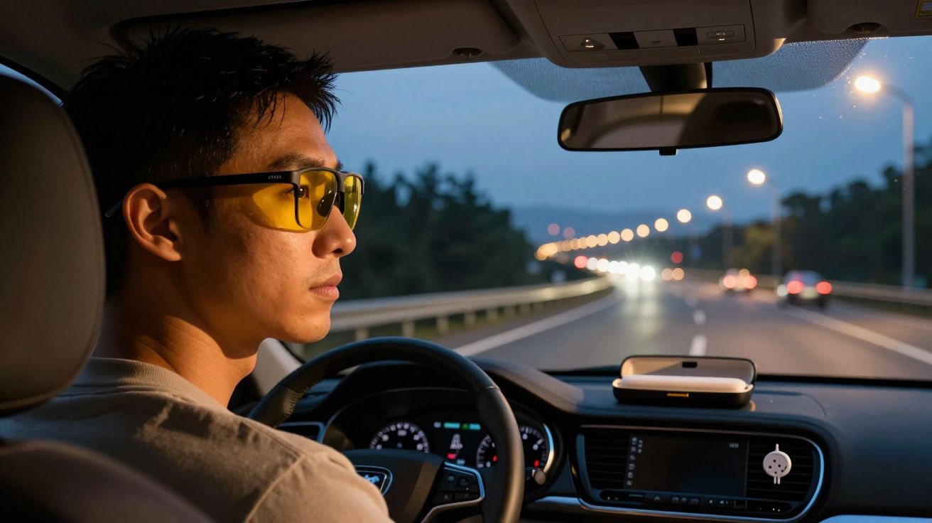 Homem jovem de óculos amarelos a conduzir de noite numa estrada iluminada, visto do interior do carro.