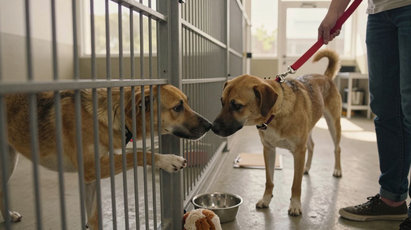 Dois cães castanhos a interagirem num canil, um deles está preso numa gaiola e o outro com trela.