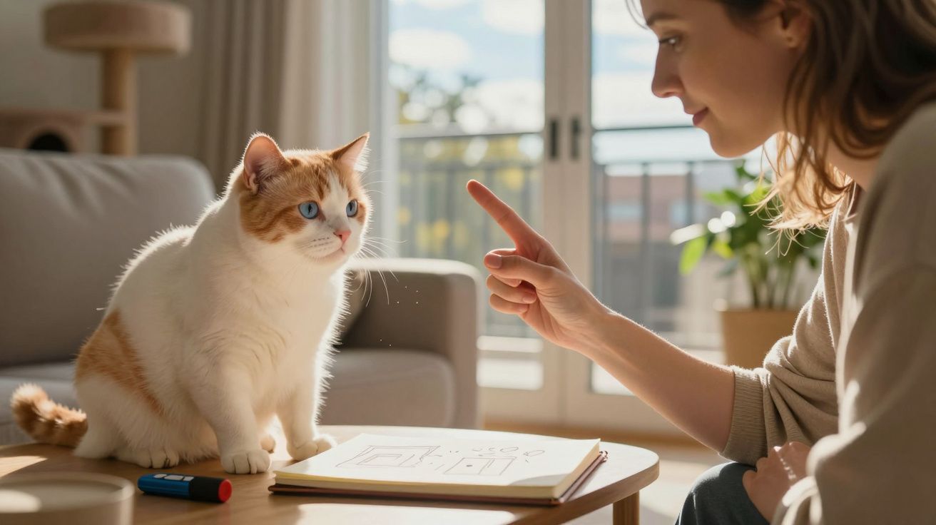 Mulher interage com gato branco e castanho sentado numa mesa com caderno e marcador numa sala iluminada.