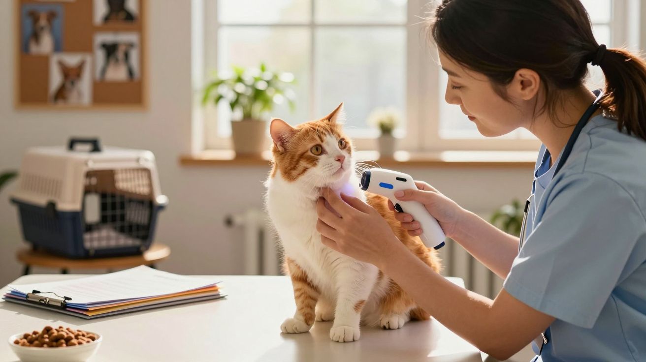 Veterinária a medir temperatura de gato laranja e branco numa clínica iluminada.