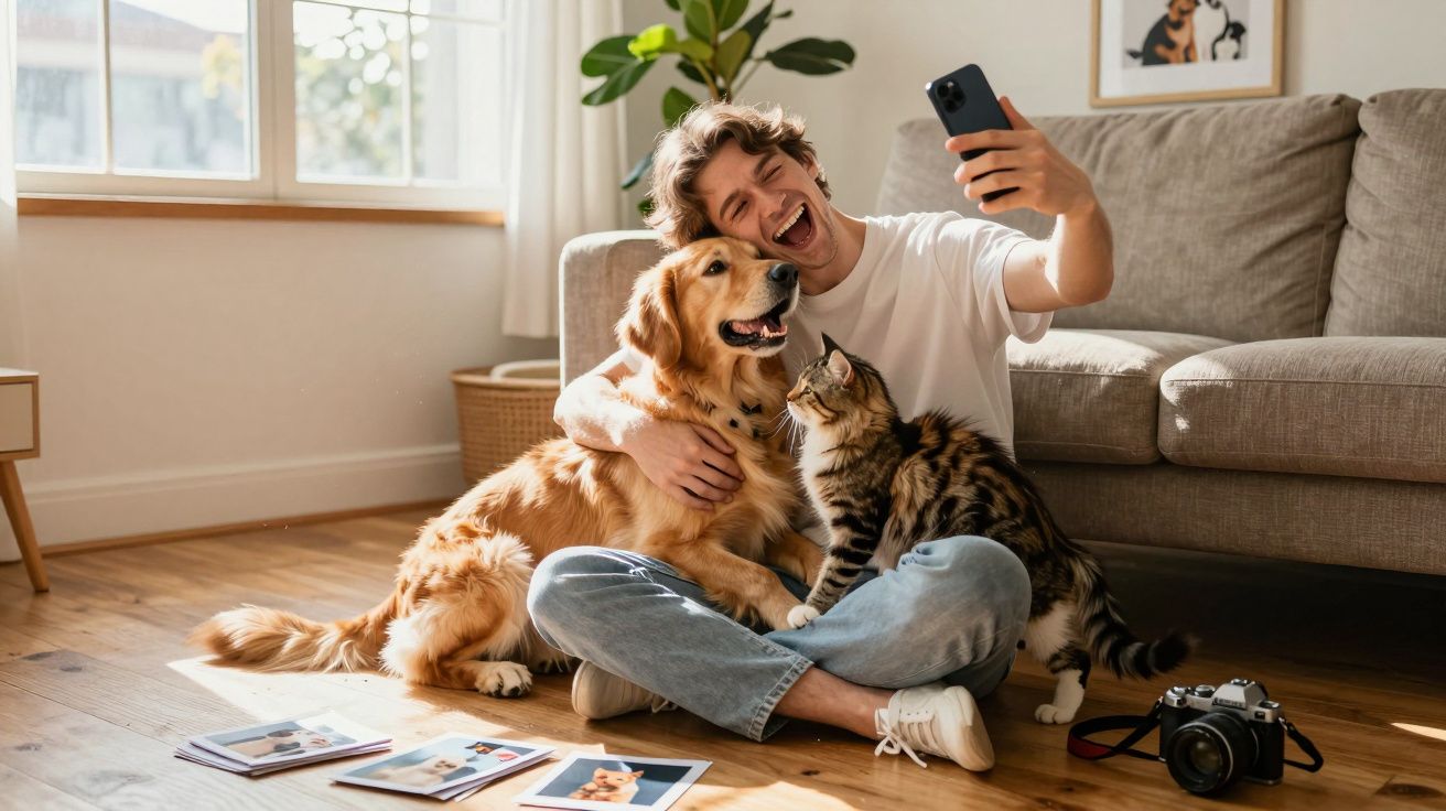 Jovem sentado no chão de casa faz selfie sorridente com cão e gato ao colo junto ao sofá.