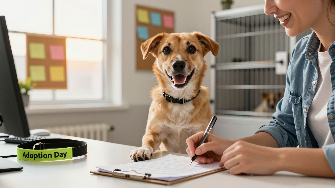Pessoa a preencher documentos enquanto cão sorridente está à mesa durante dia de adoção animal.