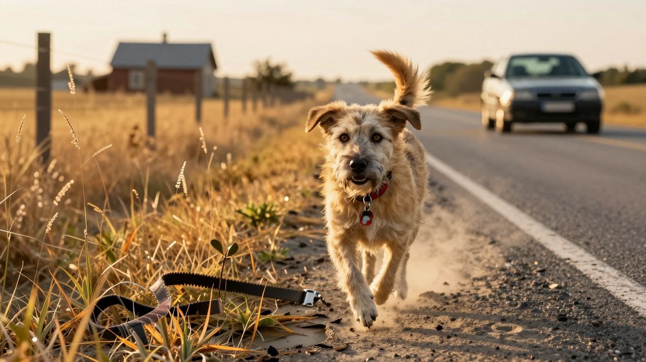 Cão castanho claro a correr ao longo de uma estrada com carro ao fundo e trela abandonada na berma.
