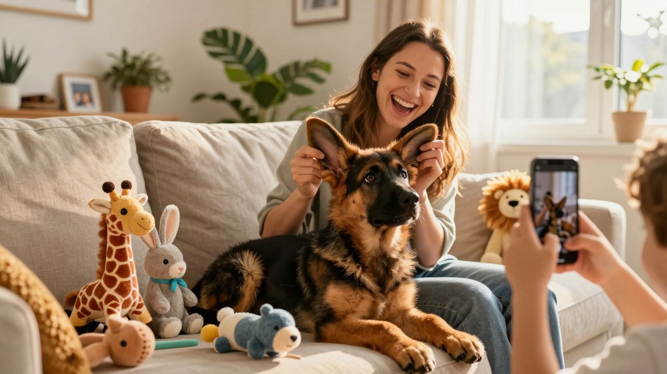 Mulher sorridente brinca com cão pastor alemão no sofá enquanto uma criança tira uma fotografia com telemóvel.