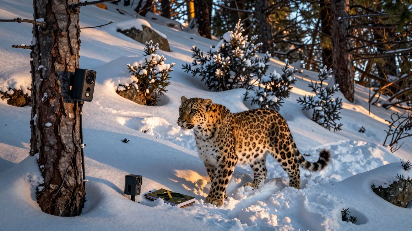 Leopardo na neve junto a uma árvore com câmaras instaladas para monitorização da vida selvagem.