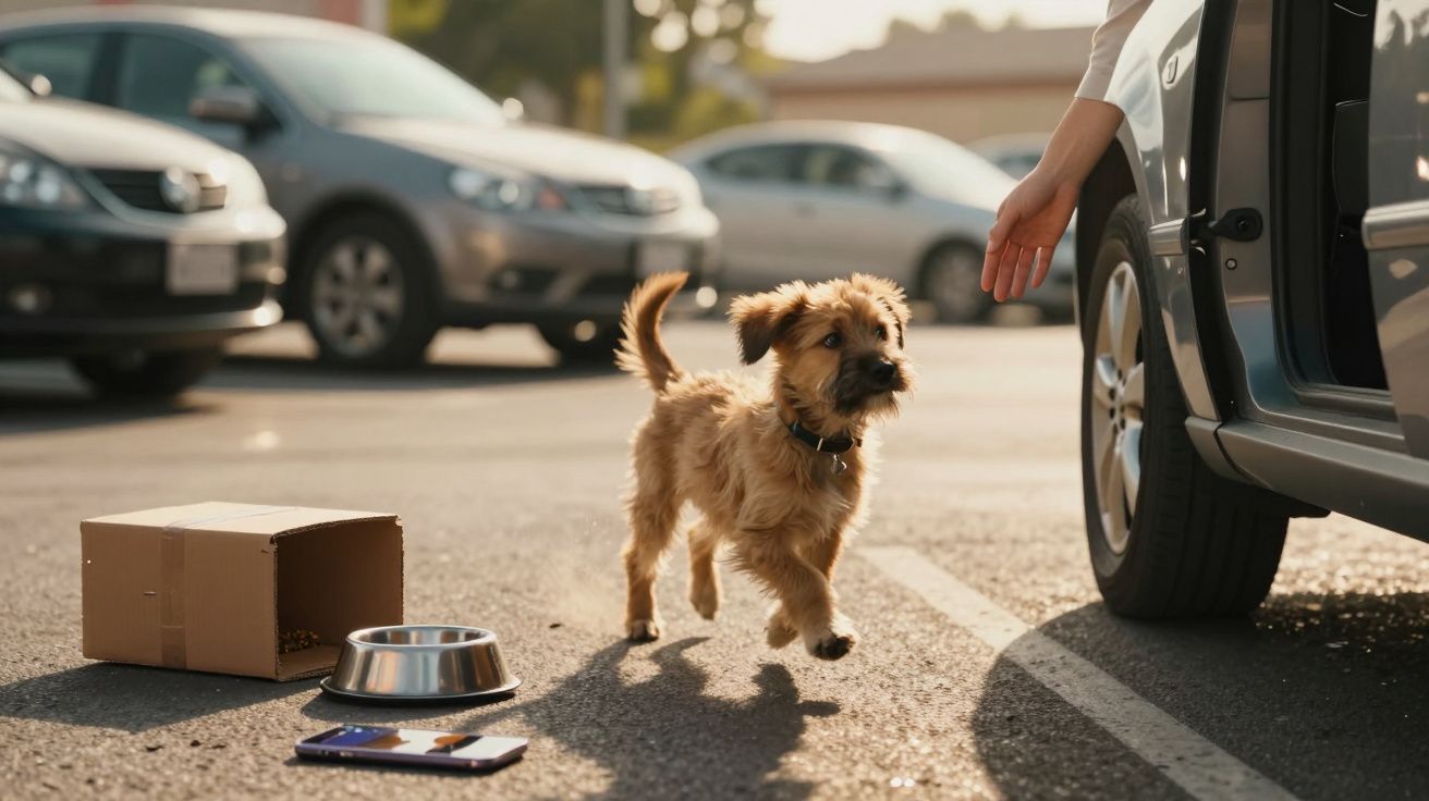 Cão pequeno a aproximar-se de carro estacionado com mão estendida para ele num parque de estacionamento.