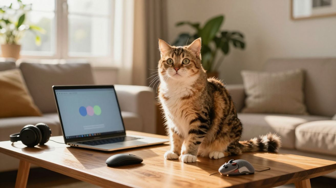 Gato castanho sentado numa mesa de madeira com computador portátil, rato de computador e auscultadores num ambiente luminoso.