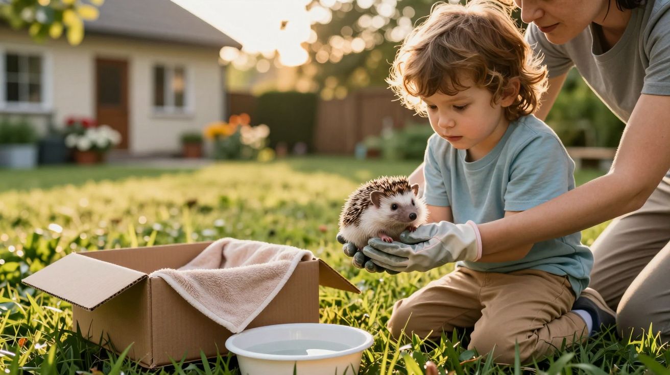 Criança e adulto seguram um ouriço-cacheiro no jardim com caixa e tigela ao lado.