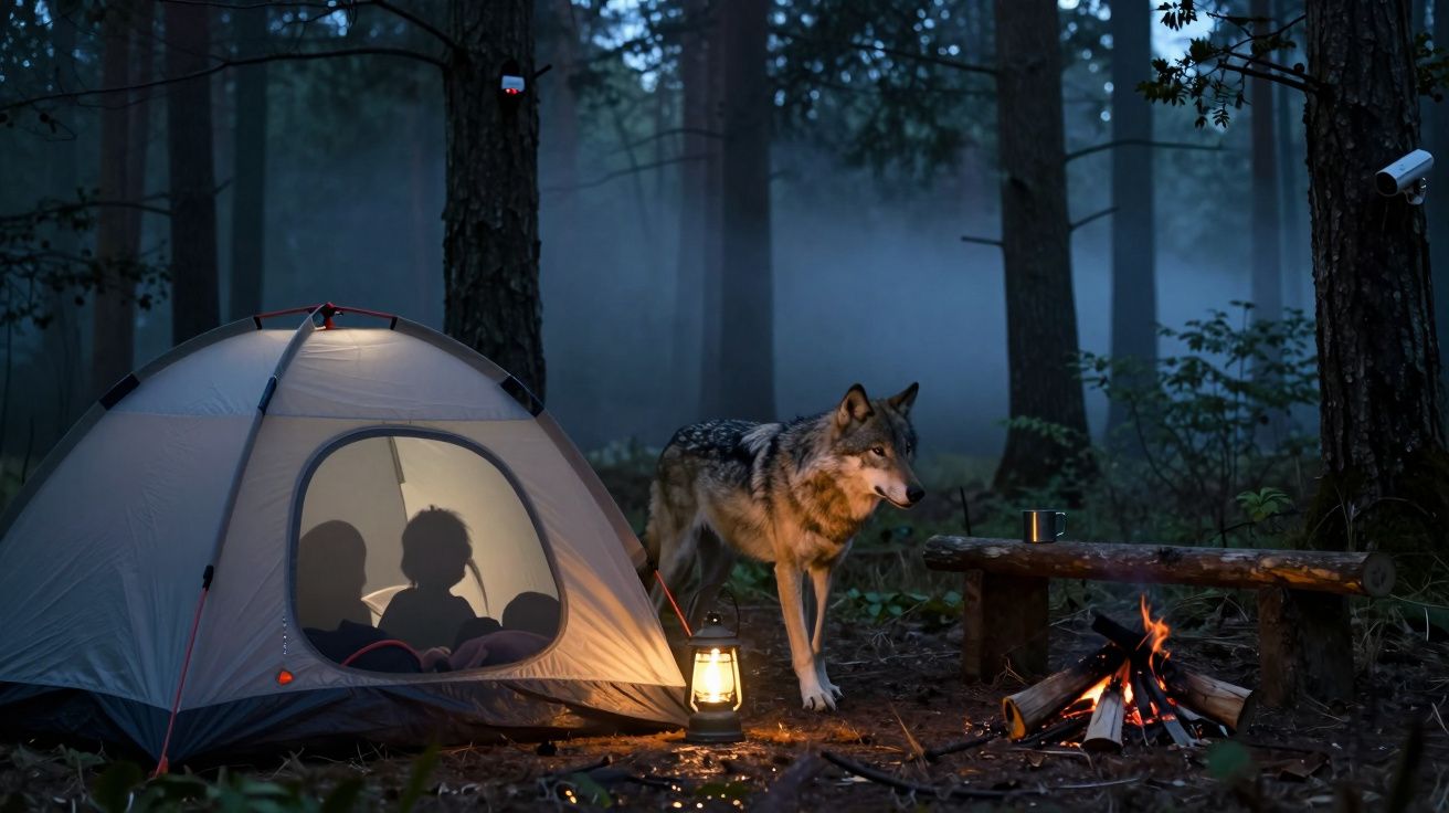 Tenda iluminada com duas sombras no interior, um lobo ao lado de uma fogueira numa floresta à noite.