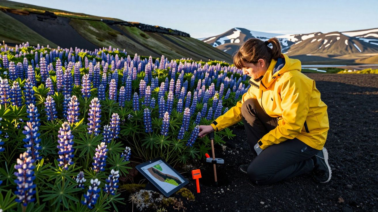 Mulher de jaqueta amarela analisa flores roxas em campo com montanhas ao fundo.