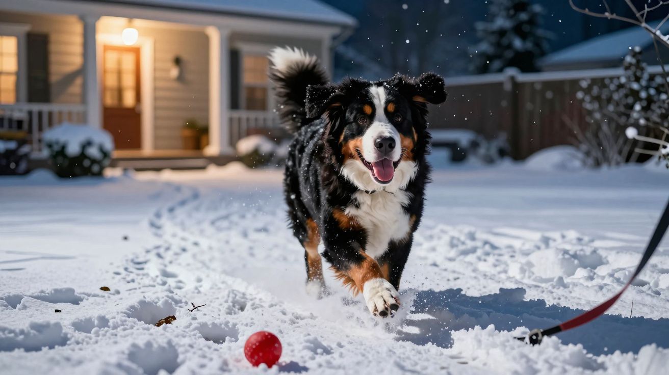 Cão alegre correndo na neve em direção a uma bola vermelha com casa iluminada ao fundo à noite.