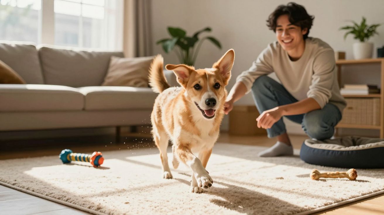 Cão feliz a correr numa sala iluminada, com jovem sorridente a brincar perto de uma cama de cão.