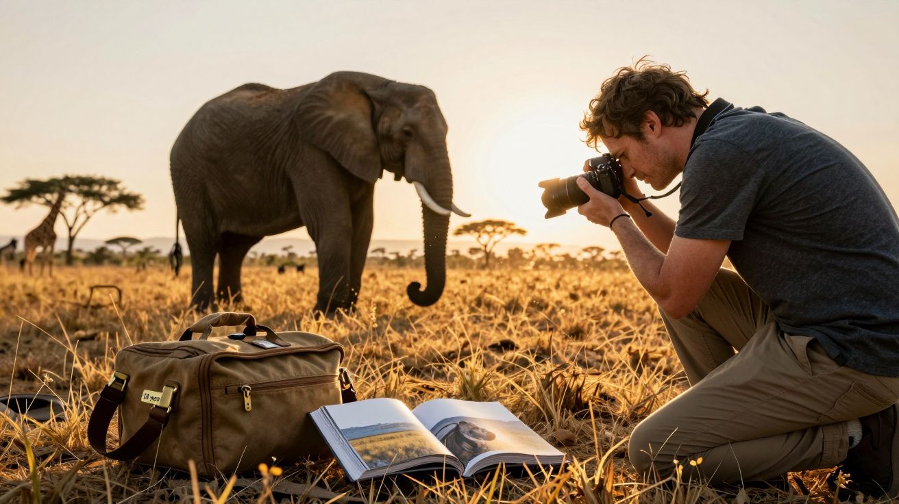 Homem com câmara fotografa elefante numa savana ao entardecer, com mochila e livro abertos no chão.