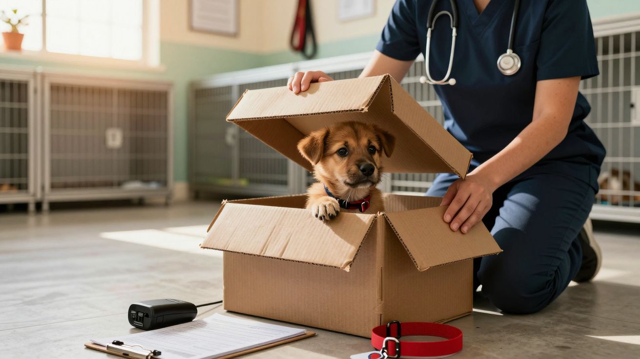 Veterinária feminina levanta tampa de caixa de cartão com cãozinho dentro numa clínica animal.