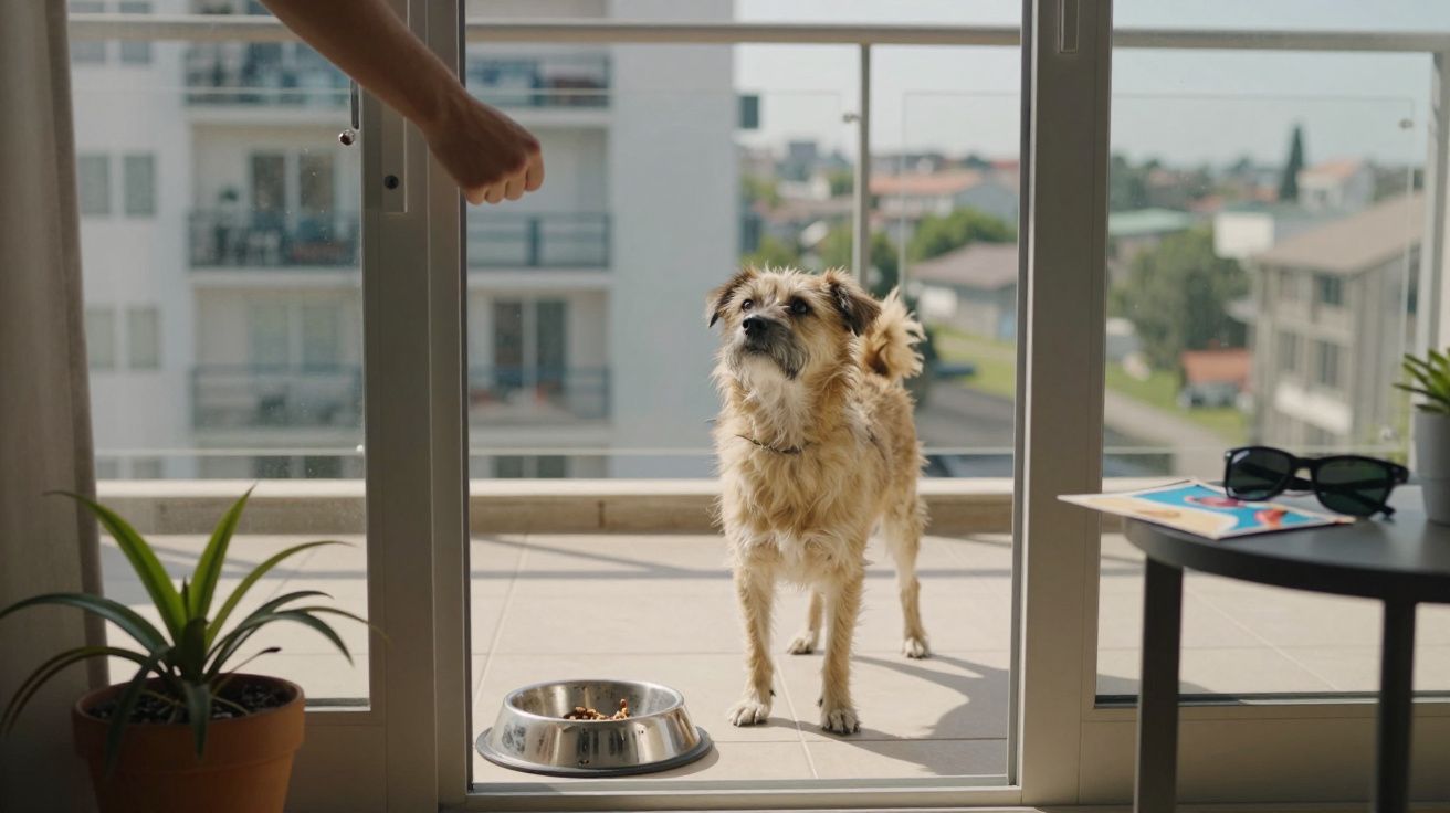 Cão castanho claro à espera de comida junto a uma taça numa varanda com vista para edifícios.