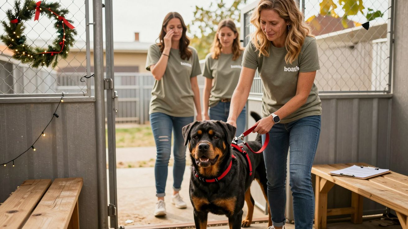 Mulheres com camisolas verdes conduzem um cão Rottweiler num espaço exterior decorado com guirlanda e luzes.