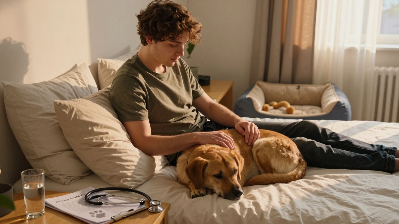 Rapaz sentado na cama a fazer carinho num cão deitada ao seu lado num quarto iluminado por luz natural.