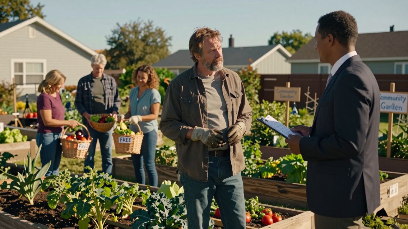 Grupo de pessoas a colher legumes num jardim comunitário, com conversa e cestos cheios de vegetais frescos.