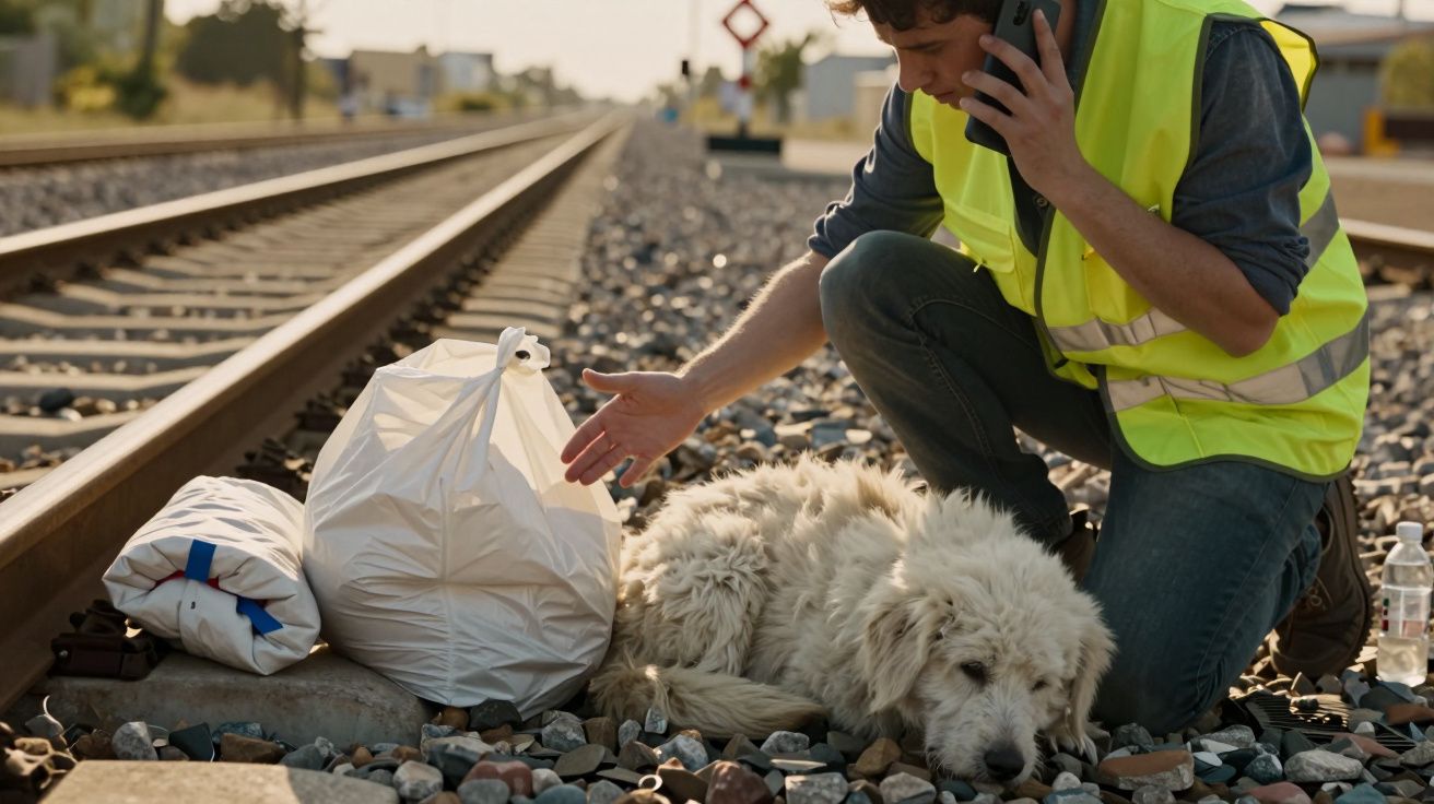 Homem de colete refletor chama socorro no telemóvel junto a cão branco deitado nos carris de comboio.