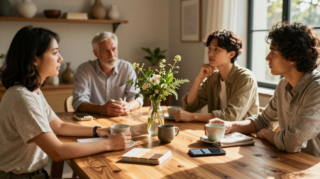 Quatro pessoas sentadas à mesa em conversa, com flores no centro e luz natural através da janela.