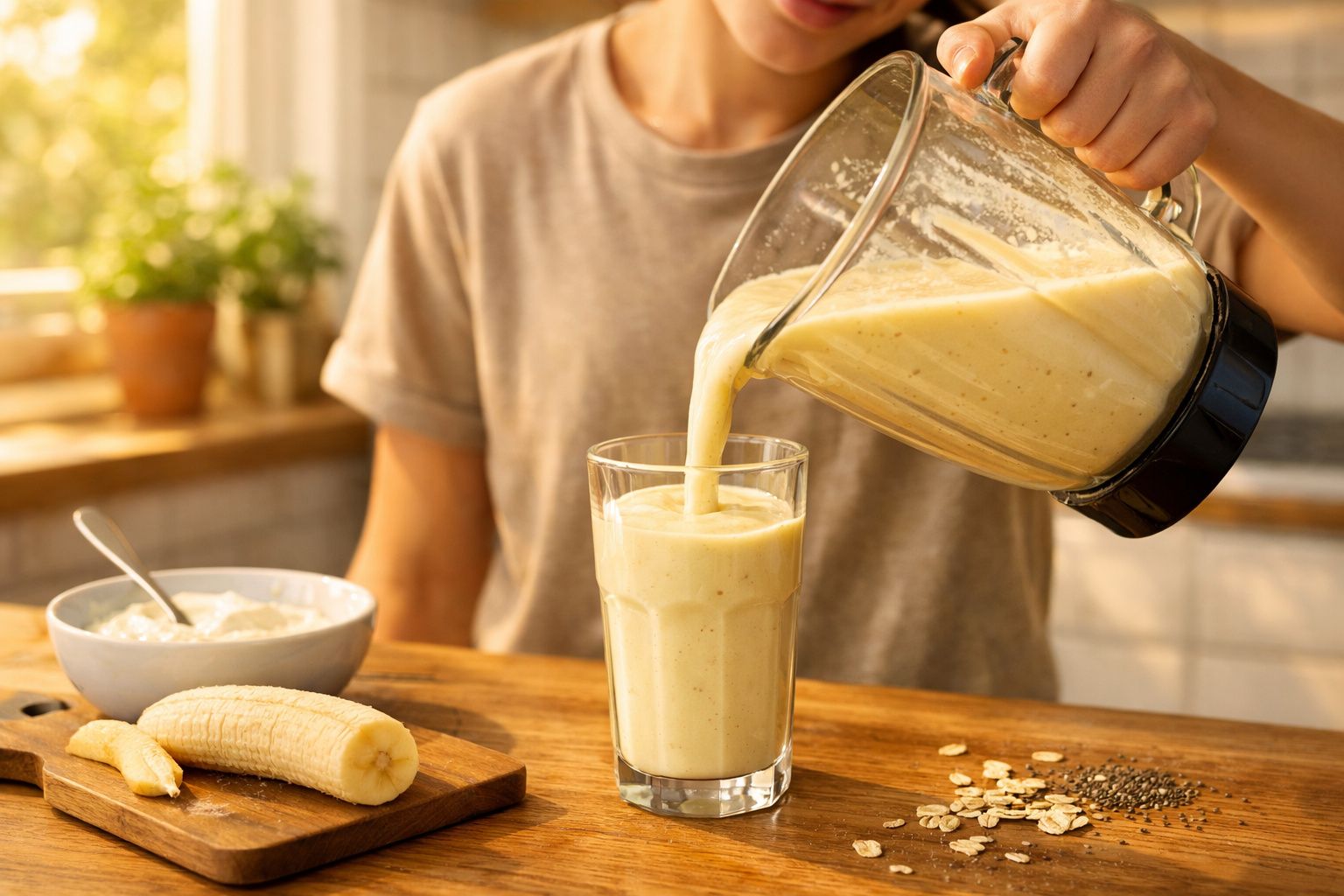 Pessoa a verter batido de banana num copo na cozinha com ingredientes ao lado.