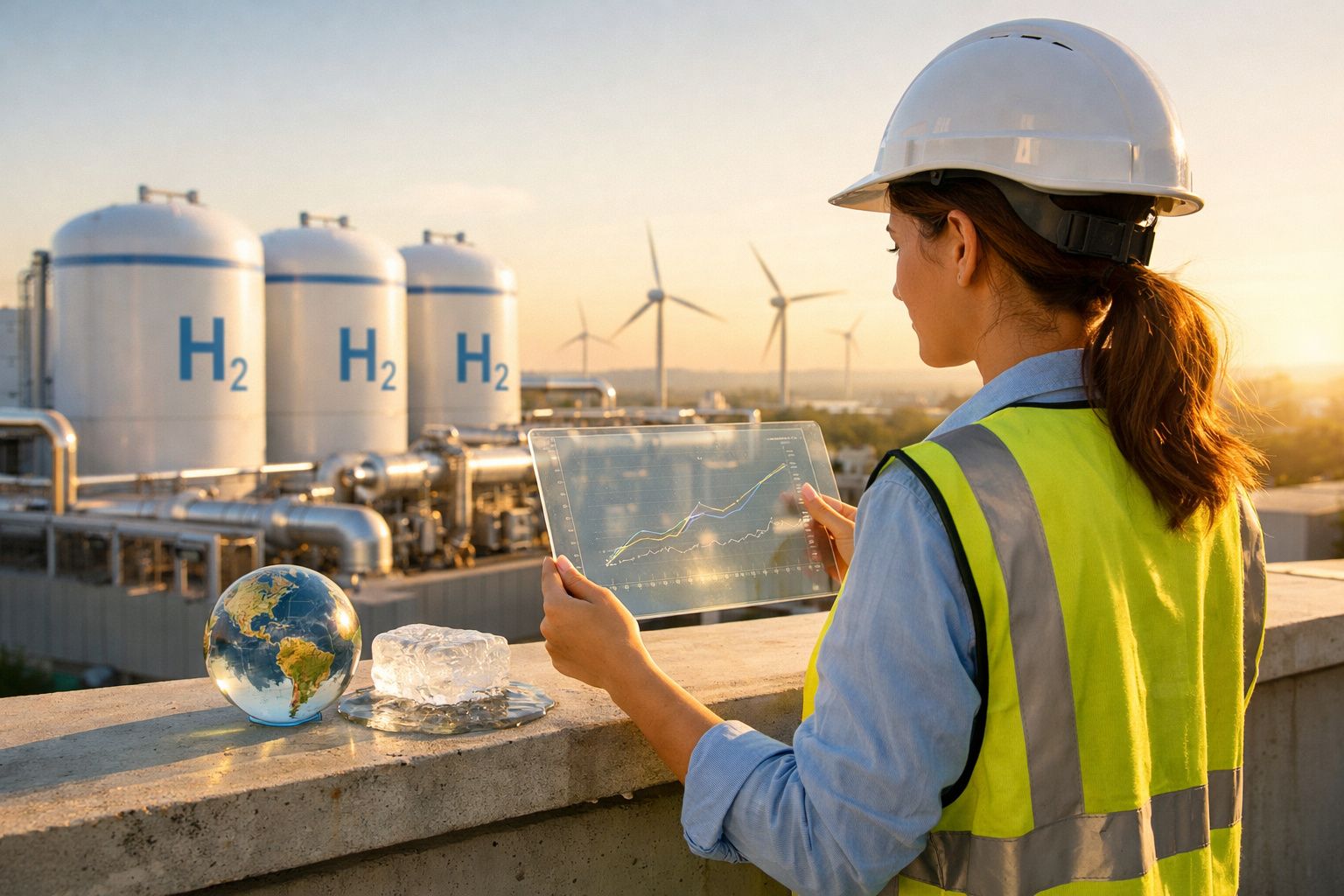 Engenheira com colete e capacete analisa gráfico holográfico em instalação de hidrogénio com turbinas eólicas ao fundo.