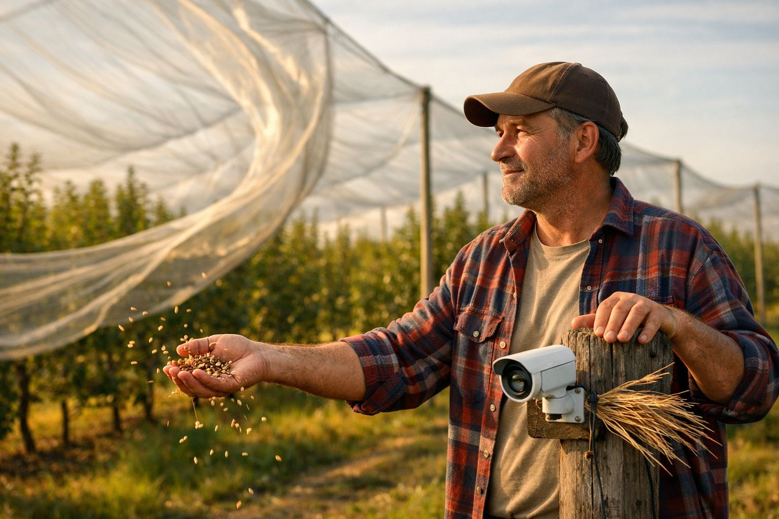 Agricultor de camisa xadrez e boné a espalhar sementes numa plantação ao pôr do sol.