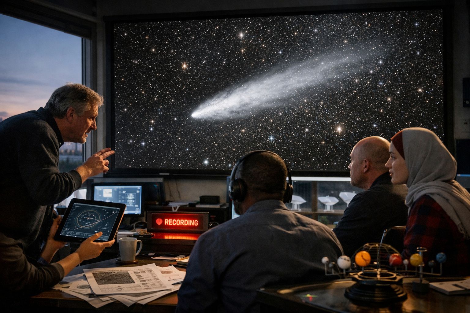Grupo de cientistas a observar uma cometa num ecrã grande numa sala de controlo de observatório astronómico.