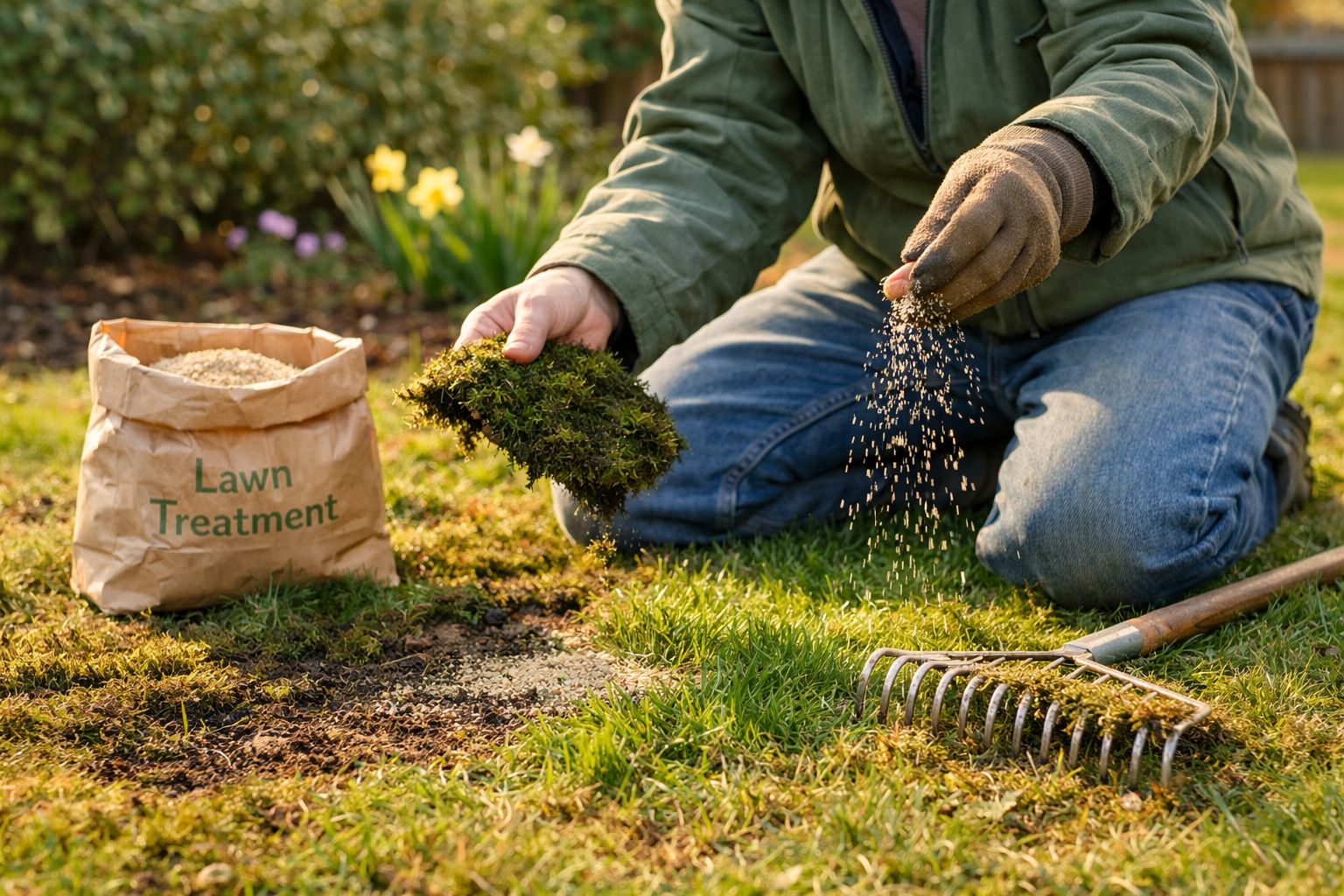 Pessoa a aplicar tratamento de relva num jardim, com saco de produto e ancinho ao lado.