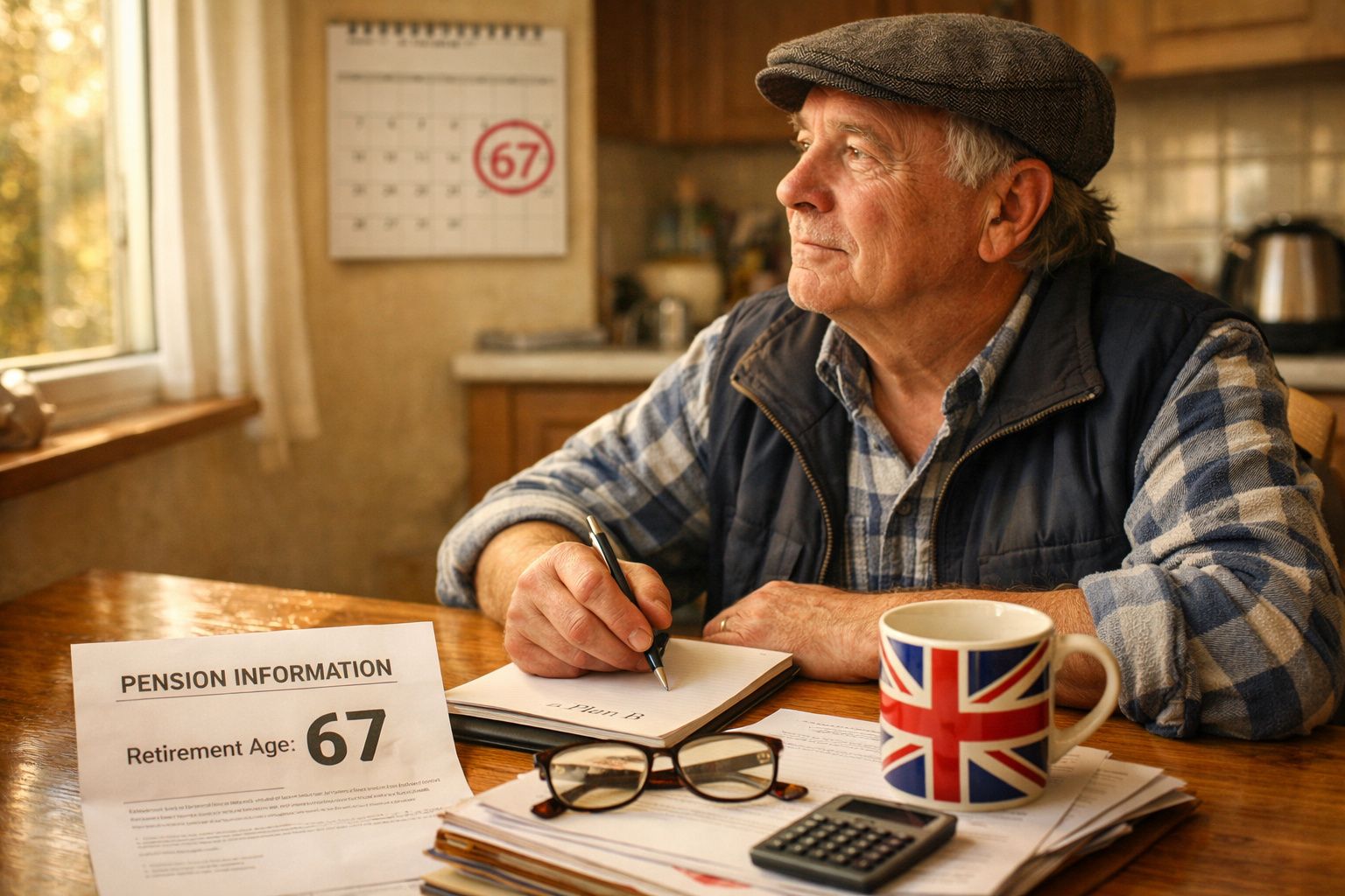 Homem idoso sentado à mesa a escrever, com caneca do Reino Unido, óculos e documento sobre idade de reforma 67.