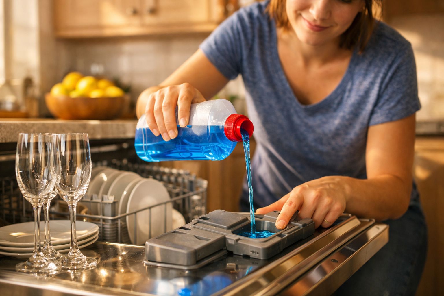 Pessoa a verter detergente azul numa máquina de lavar loiça na cozinha doméstica.