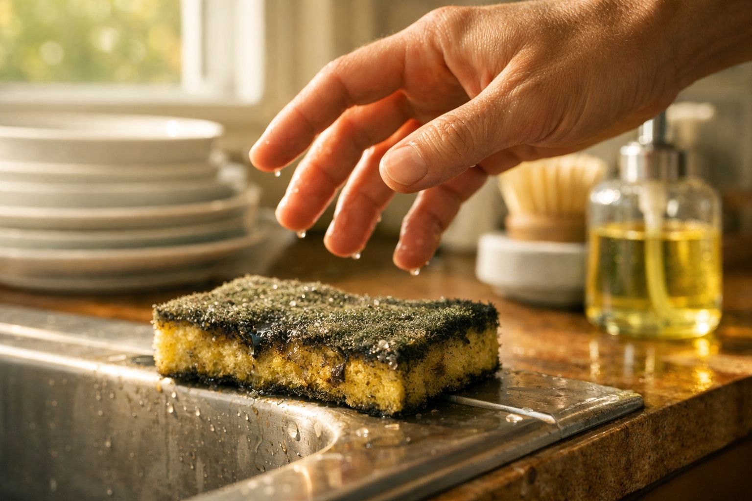 Mão a apanhar esponja húmida junto a lava-loiças com pratos empilhados e detergente no fundo.