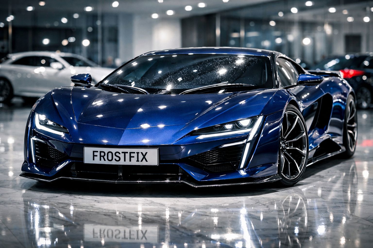 Carro desportivo azul metálico estacionado num espaço interior com chão refletor e placas personalizadas "FROSTFIX".
