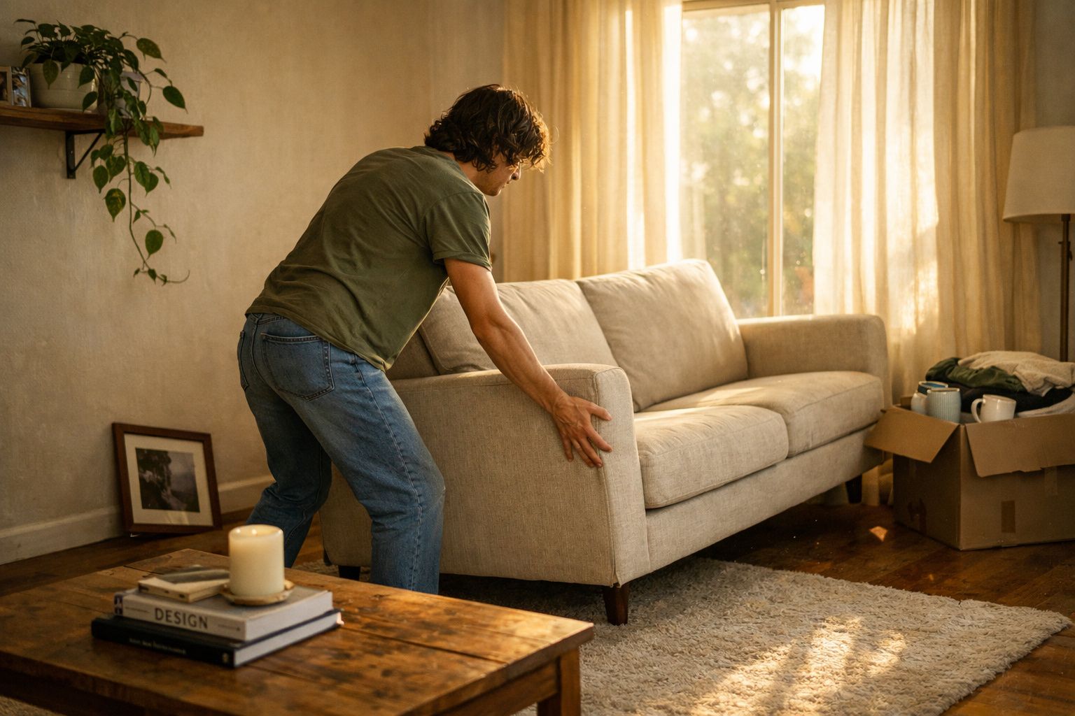 Homem a arrastar um sofá bege numa sala iluminada pelo sol da tarde com uma caixa e livros no ambiente.
