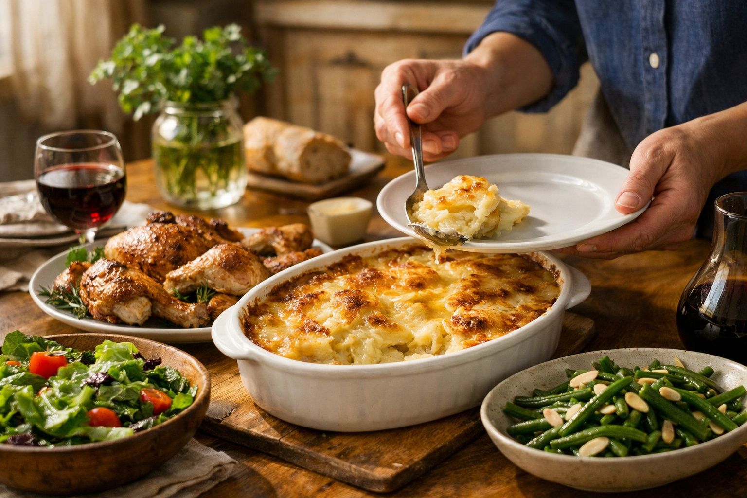 Pessoa a servir batatas gratinadas num prato, com frango assado, salada e feijão verde na mesa.