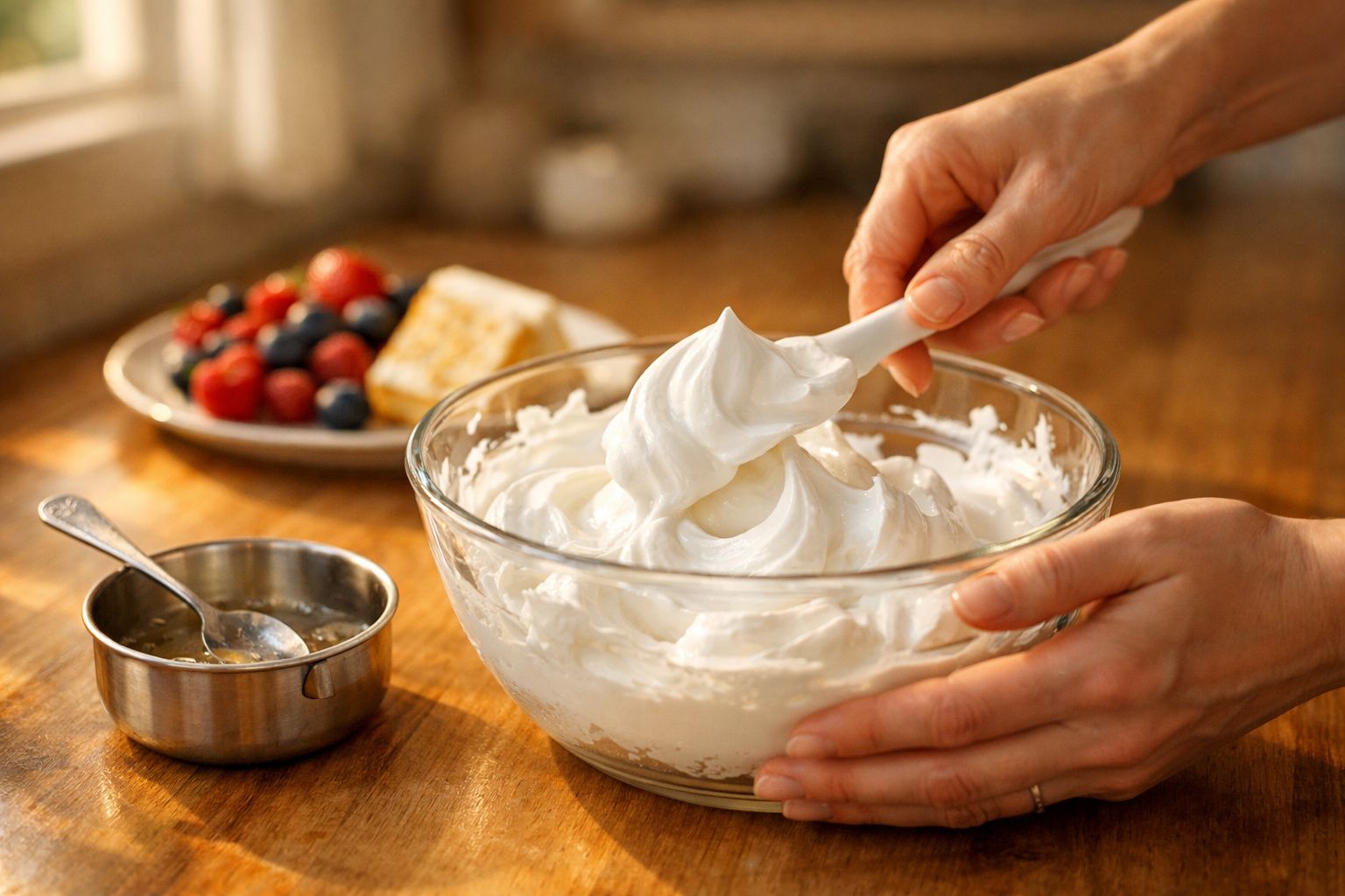 Mãos mexendo chantilly num recipiente de vidro com fruto e mel em recipientes ao fundo sobre mesa de madeira.