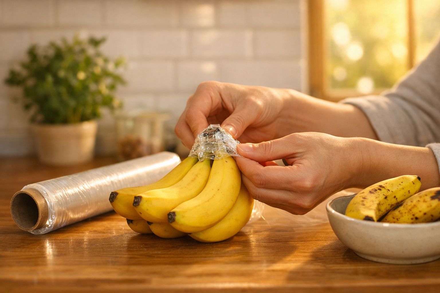 Mãos a envolver um cacho de bananas com película aderente numa cozinha iluminada.
