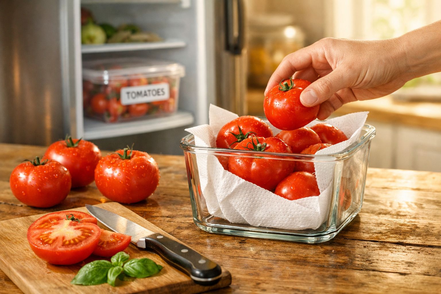Tomates frescos com gotas de água, em recipientes e prontos para serem utilizados na cozinha.