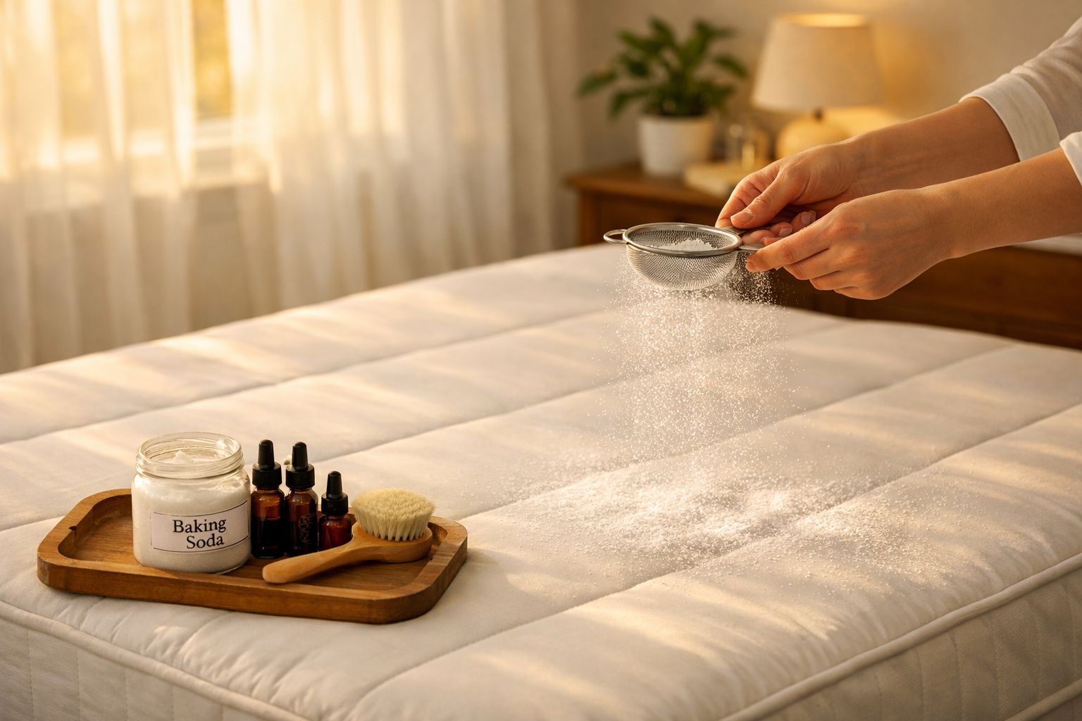 Mãos a polvilhar bicarbonato de sódio sobre colchão branco, com acessórios de limpeza numa bandeja de madeira.
