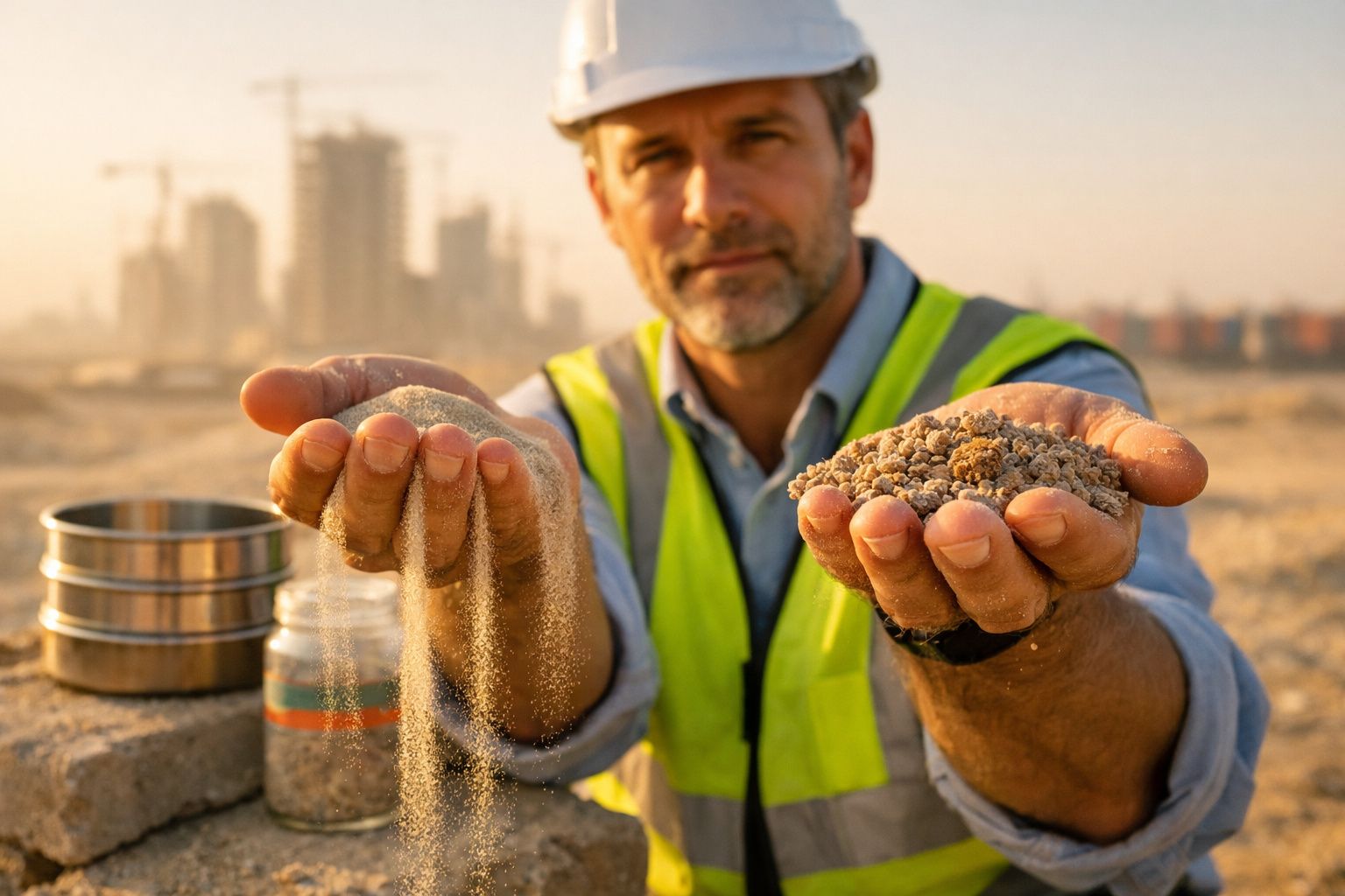 Homem com colete de segurança e capacete segura areia e cascalho numa obra ao ar livre.