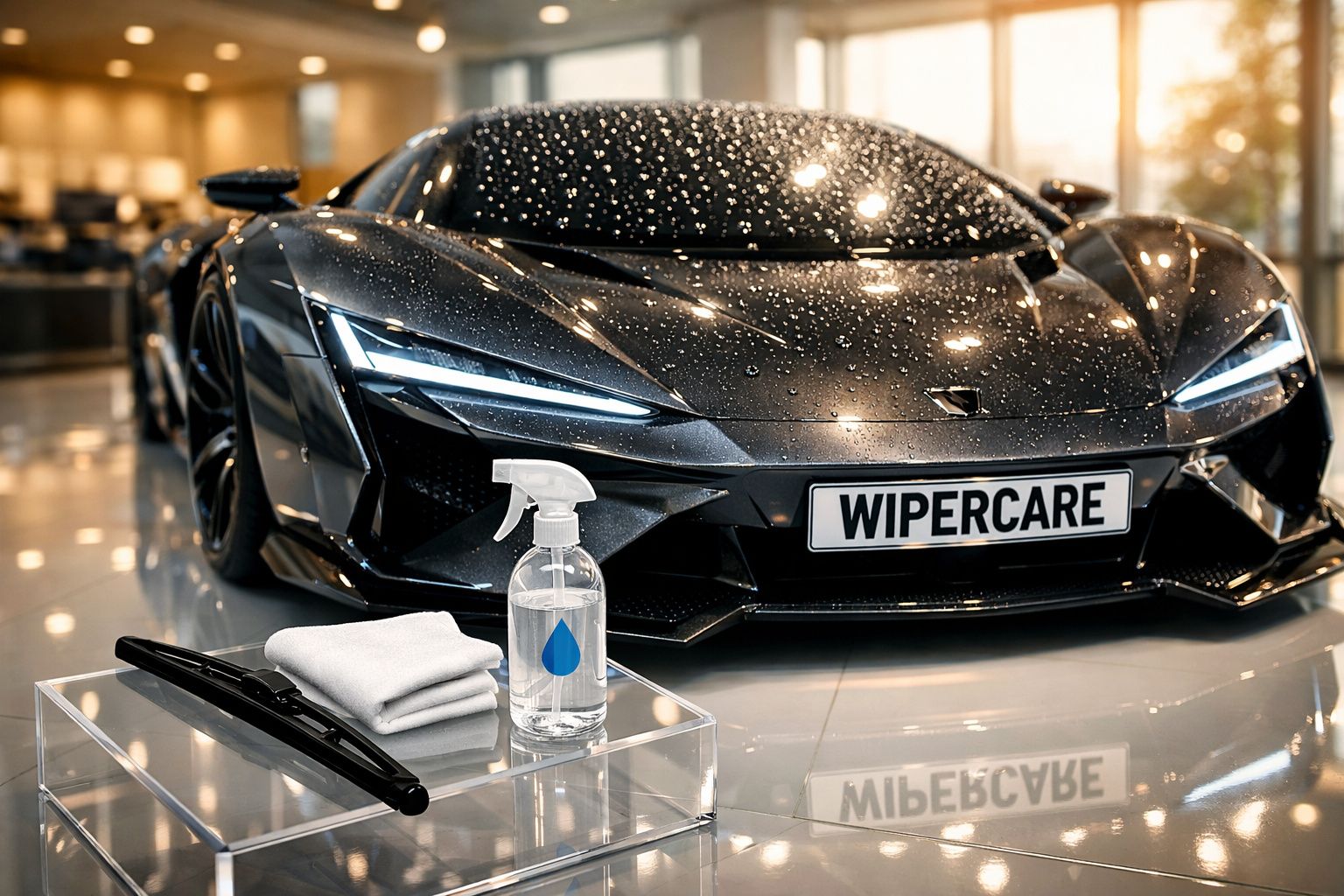 Carro desportivo preto com gotas de água, spray, pano e limpa para-brisas em exposição interior.