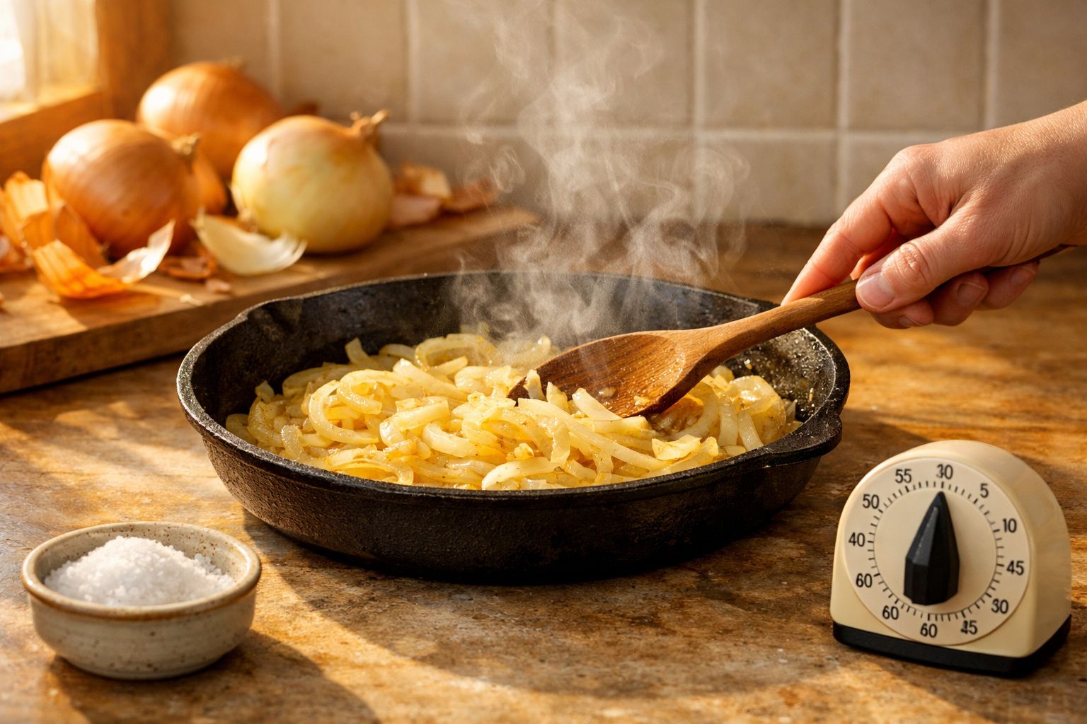 Cebolas a alourar numa frigideira de ferro com temporizador e sal à parte numa bancada de cozinha.