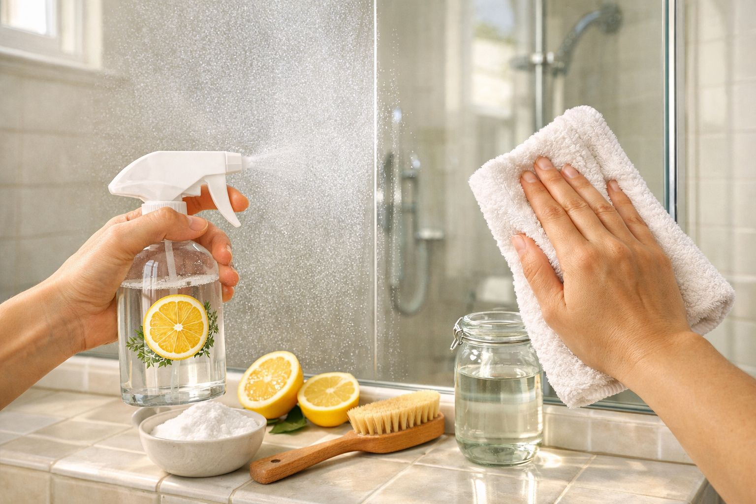 Mãos a limpar um espelho com um pulverizador caseiro e um pano branco num banheiro.
