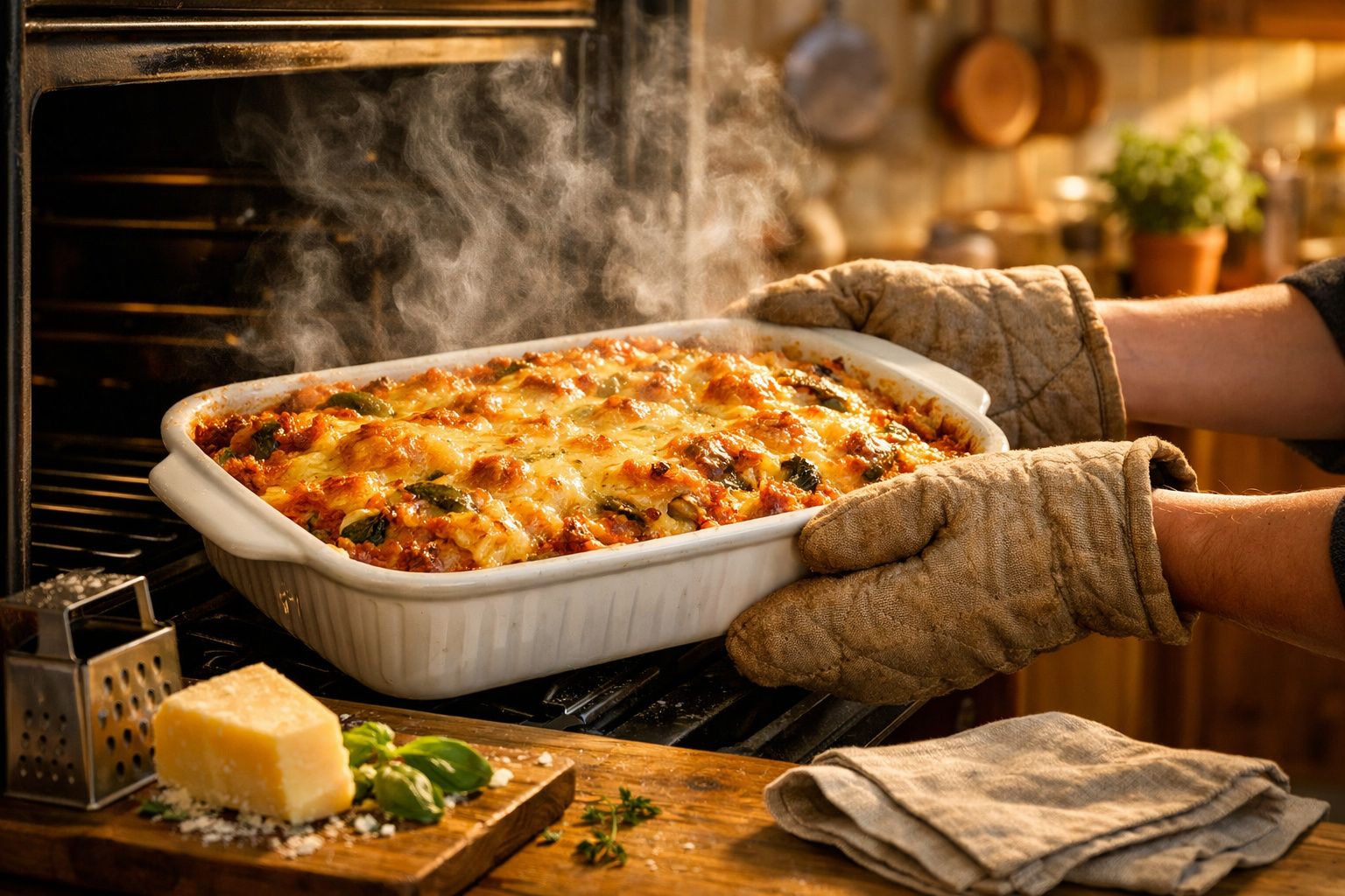 Pessoas a tirar uma assadeira quente do forno com lasanha fumegante e queijo gratinado por cima.