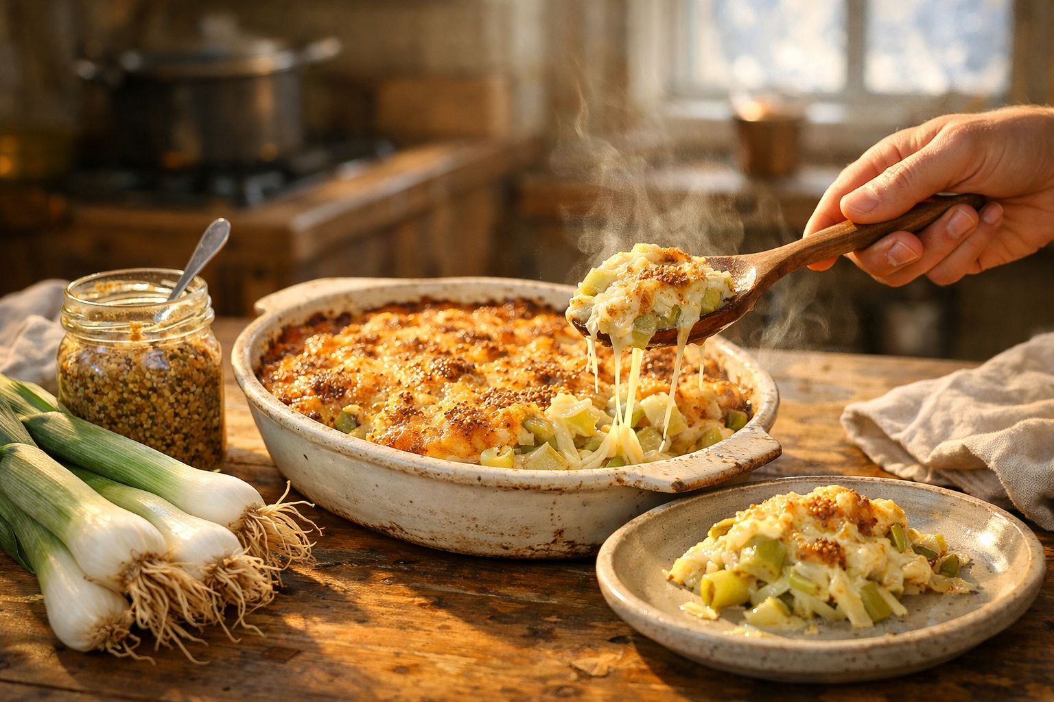 Mãos a servir um gratinado quente de legumes com queijo derretido numa colher de madeira.