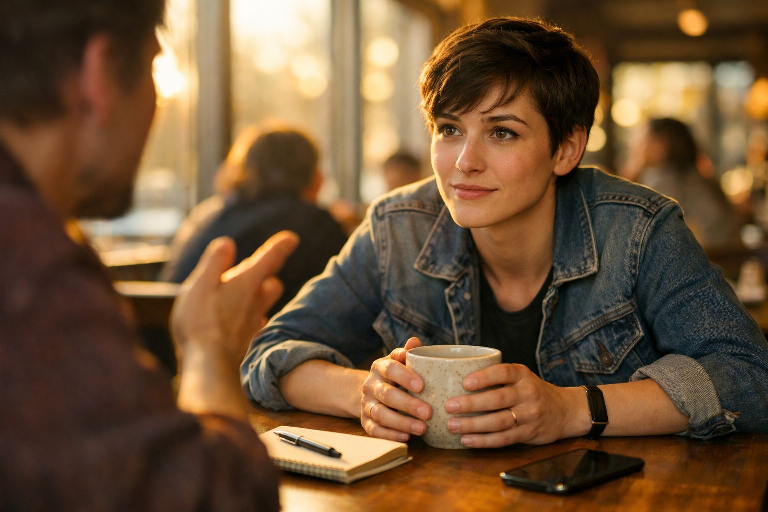Mulher com casaco de ganga segura caneca e ouve homem numa conversa num café iluminado.