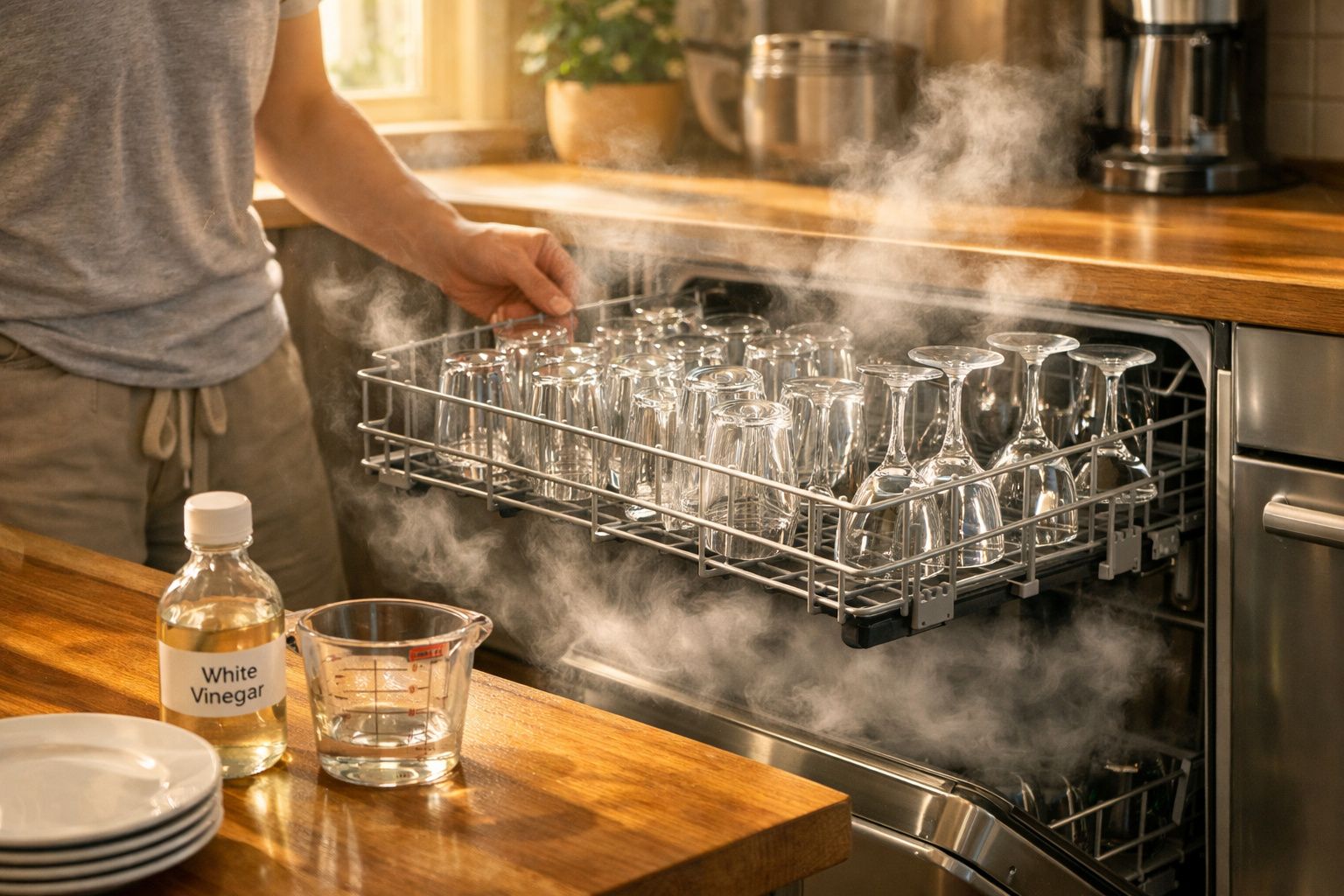 Pessoa a retirar copos fumegantes de uma máquina de lavar louça em cozinha com vinagre e copo medidor na bancada.